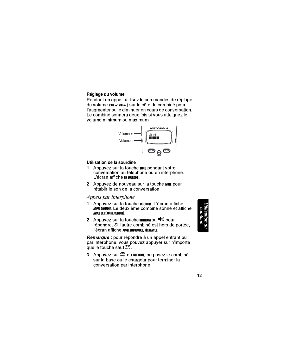 Motorola MD4150 manual Appels par interphone, Réglage du volume, Utilisation de la sourdine 