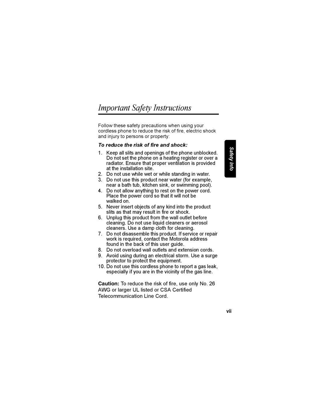 Motorola MD4150 manual Important Safety Instructions, To reduce the risk of fire and shock, Vii 