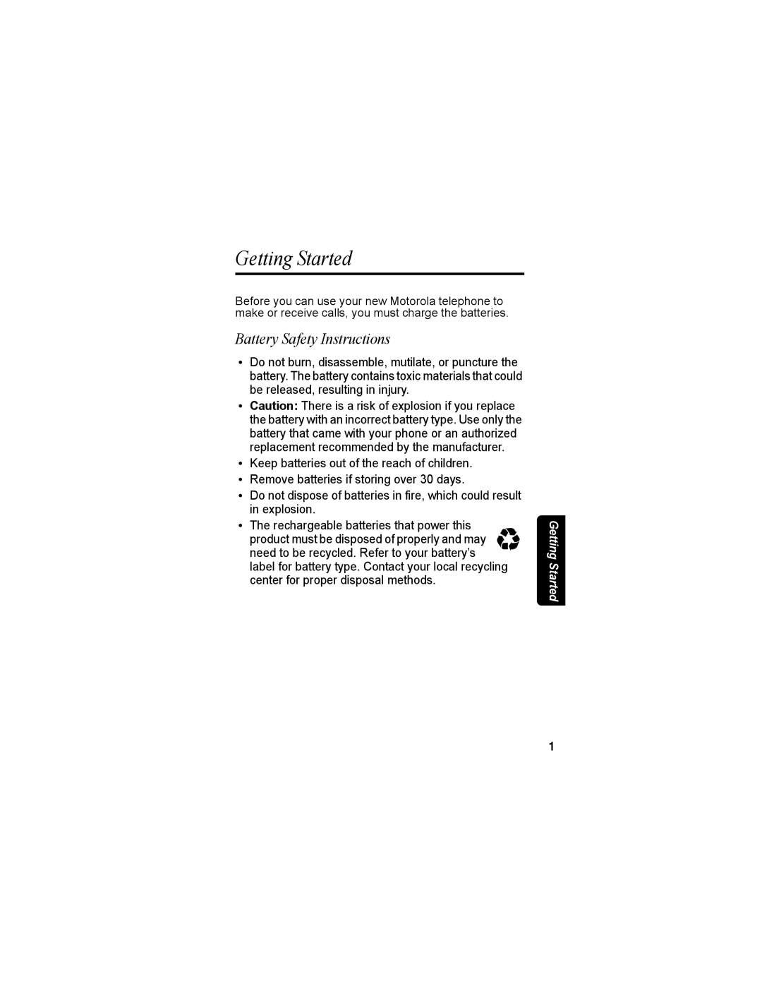 Motorola MD4160 Series manual Getting Started, Battery Safety Instructions 