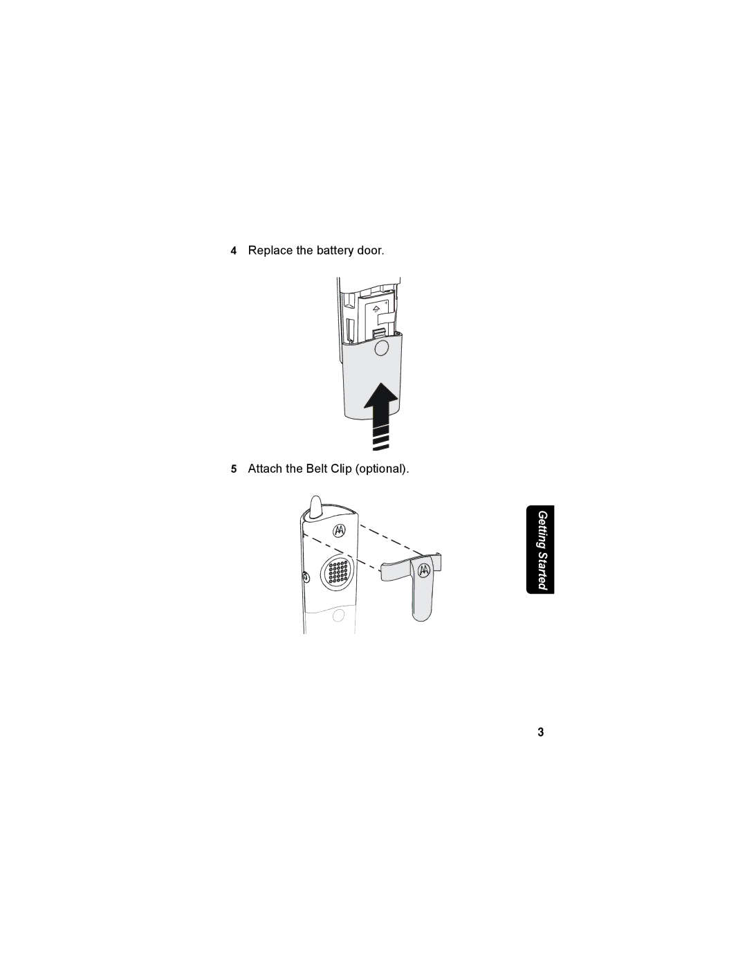 Motorola MD4160 Series manual Replace the battery door Attach the Belt Clip optional 