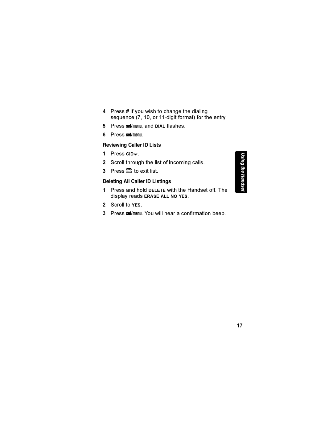 Motorola MD4160 Series manual Reviewing Caller ID Lists, Deleting All Caller ID Listings 