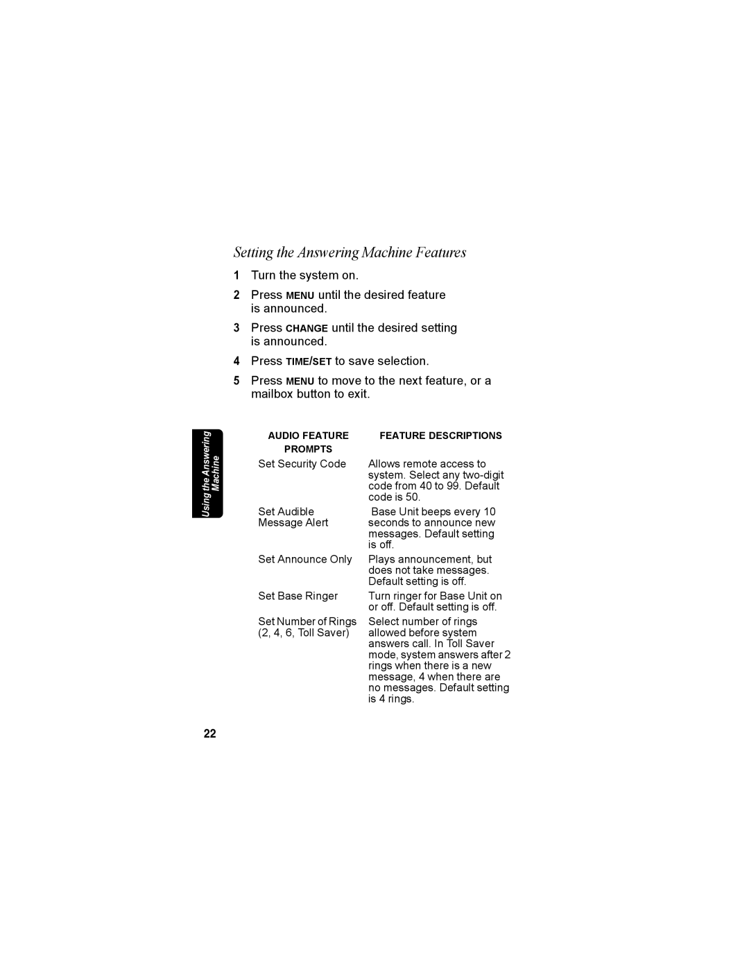 Motorola MD4160 Series manual Setting the Answering Machine Features 