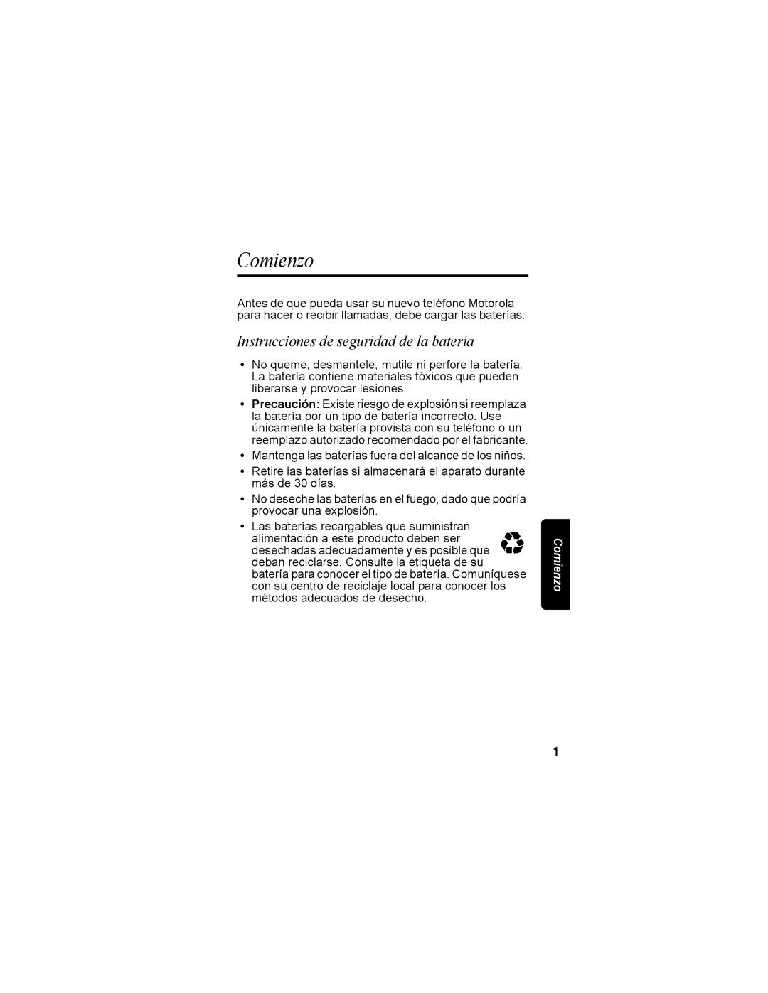 Motorola MD4160 Series manual Comienzo, Instrucciones de seguridad de la batería 