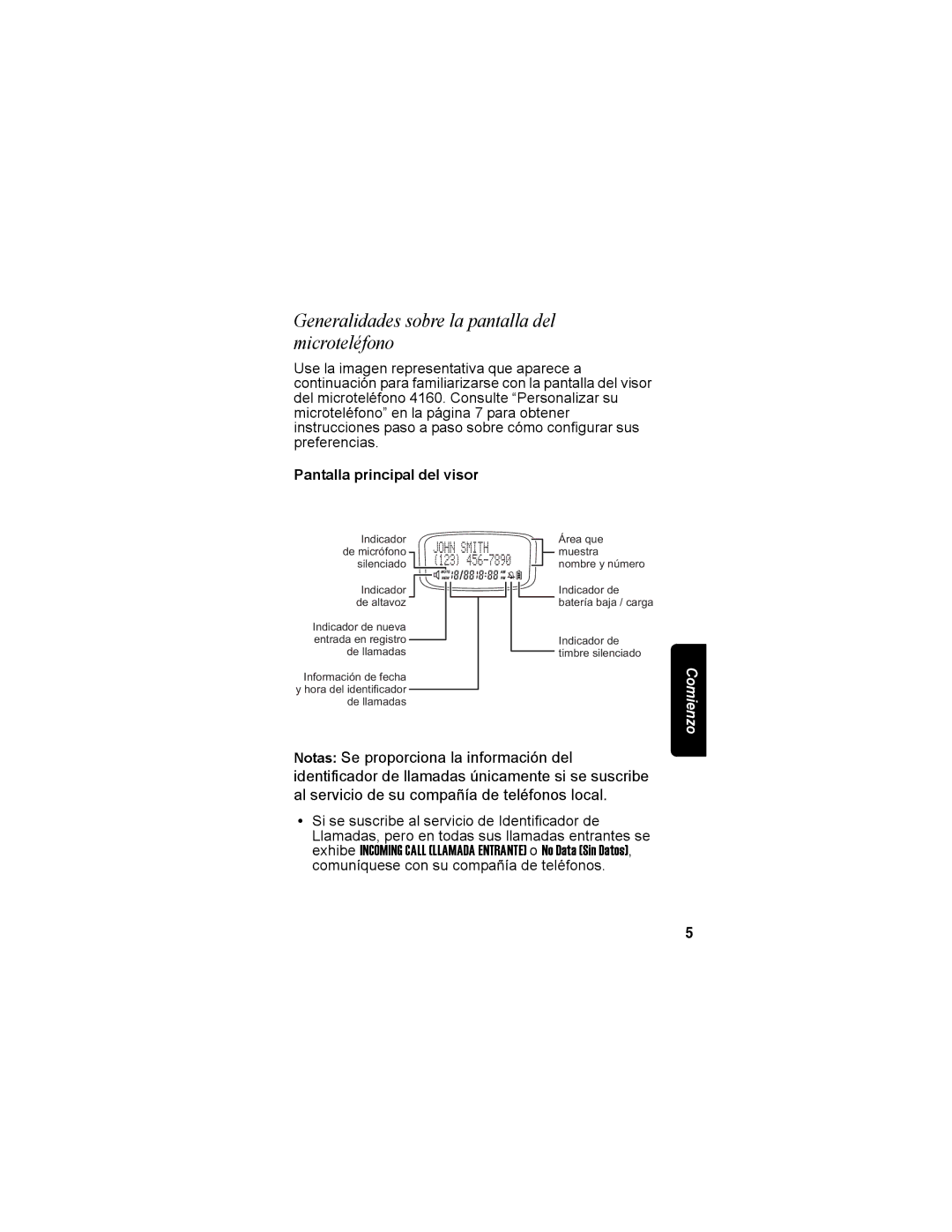 Motorola MD4160 Series manual Generalidades sobre la pantalla del microteléfono, Pantalla principal del visor 