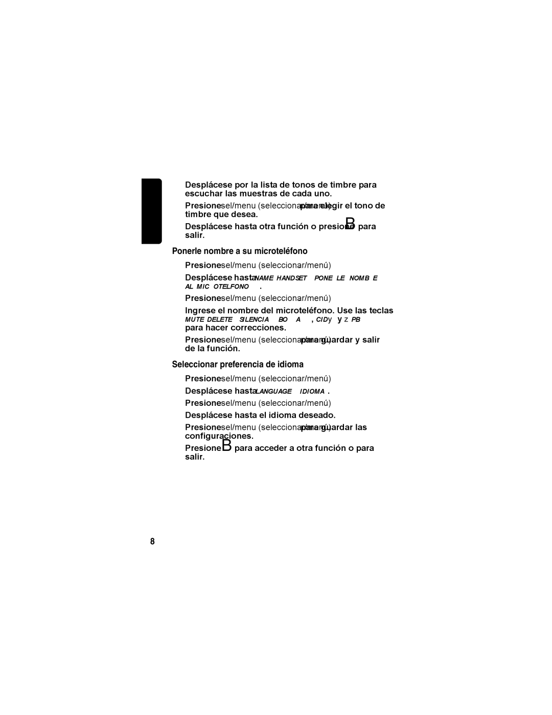 Motorola MD4160 Series manual Ponerle nombre a su microteléfono, Seleccionar preferencia de idioma 