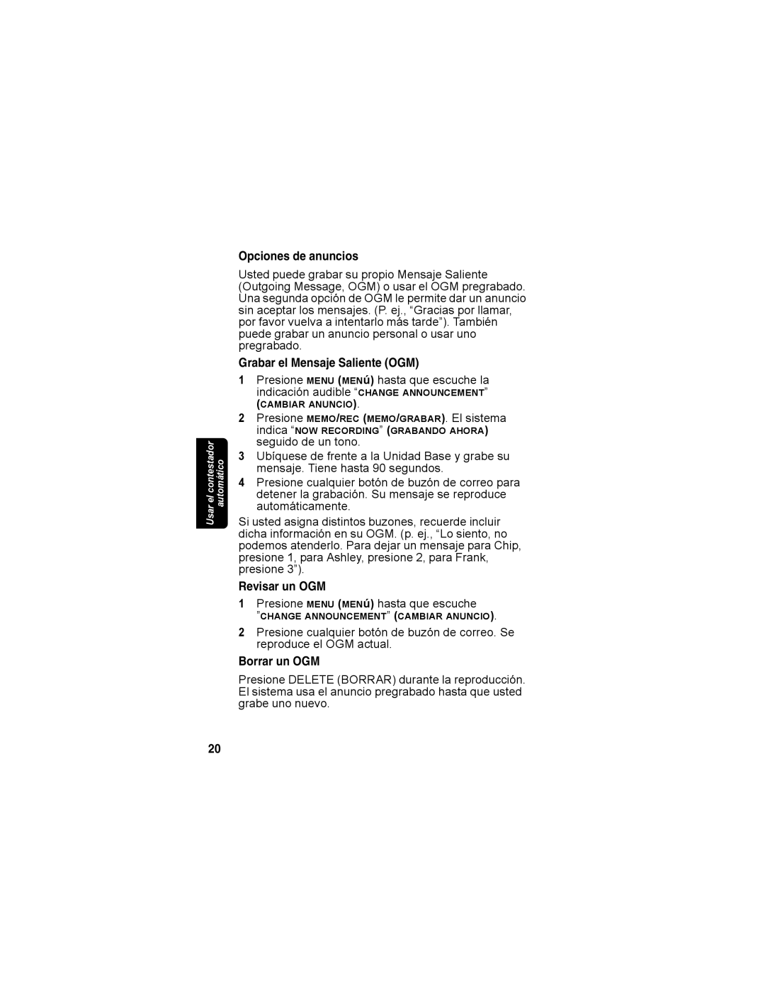 Motorola MD4160 Series manual Opciones de anuncios, Grabar el Mensaje Saliente OGM, Revisar un OGM, Borrar un OGM 