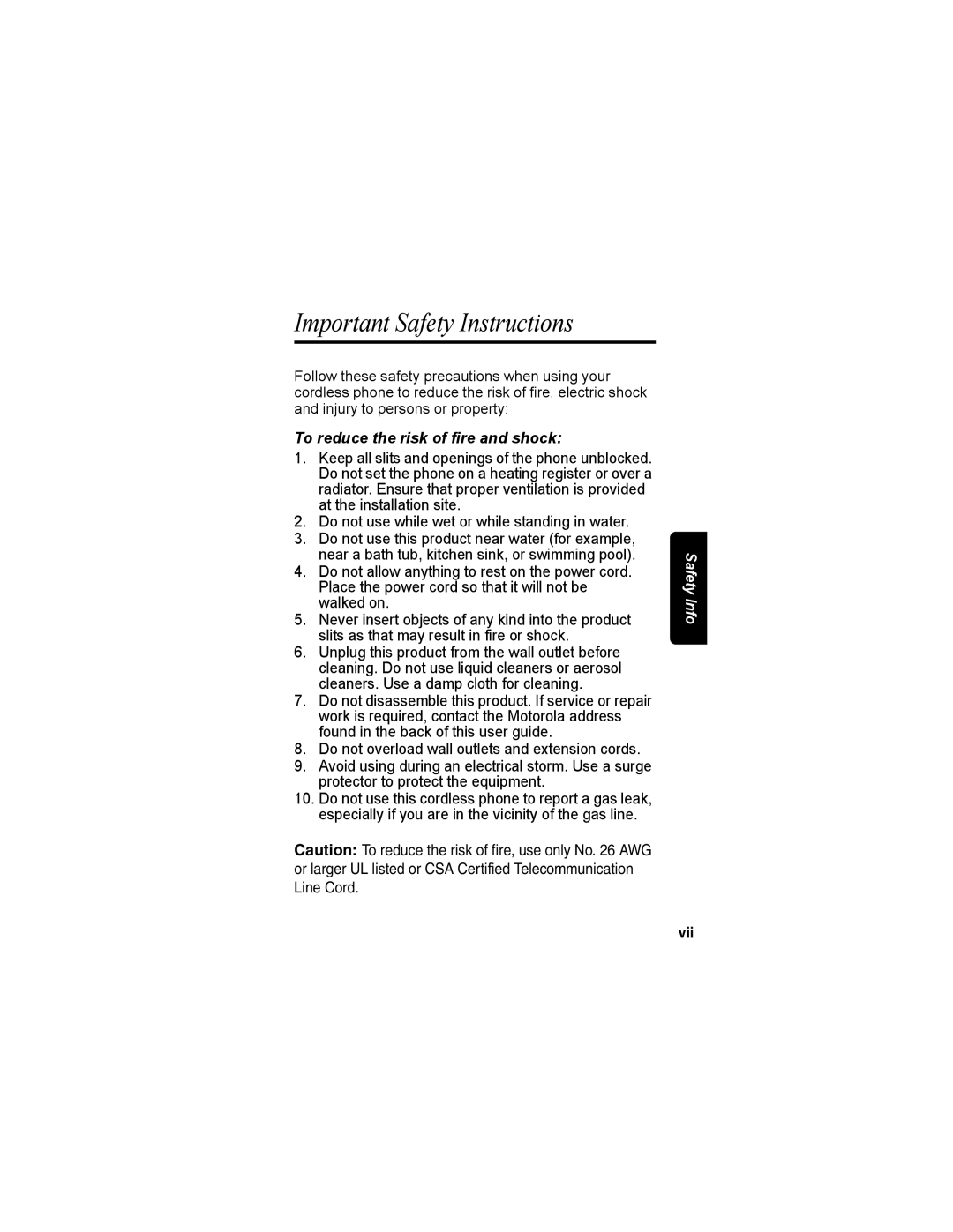 Motorola MD4160 Series manual Important Safety Instructions, To reduce the risk of fire and shock, Vii 