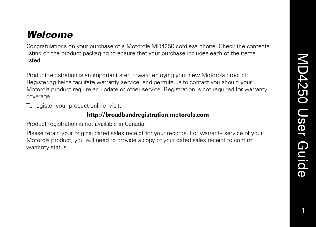 Motorola MD4250 manual Welcome, Http//broadbandregistration.motorola.com 