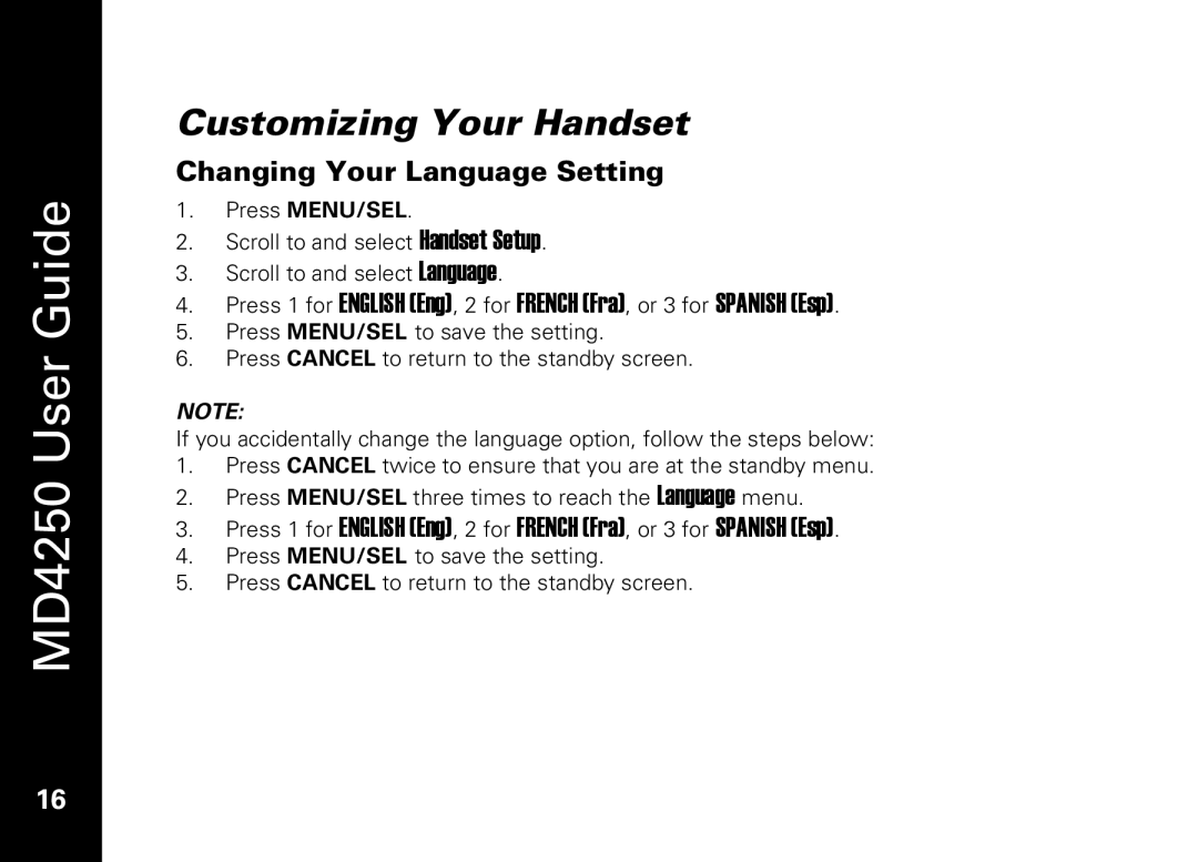 Motorola MD4250 manual Customizing Your Handset, Changing Your Language Setting 