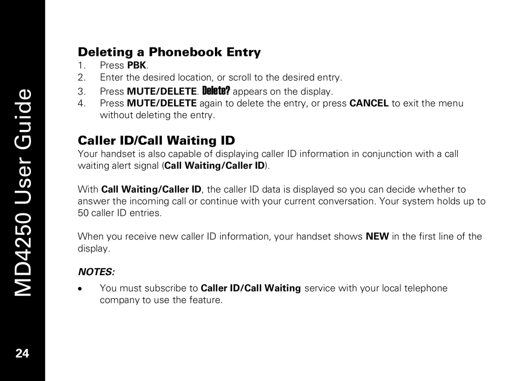 Motorola MD4250 manual Deleting a Phonebook Entry, Caller ID/Call Waiting ID 