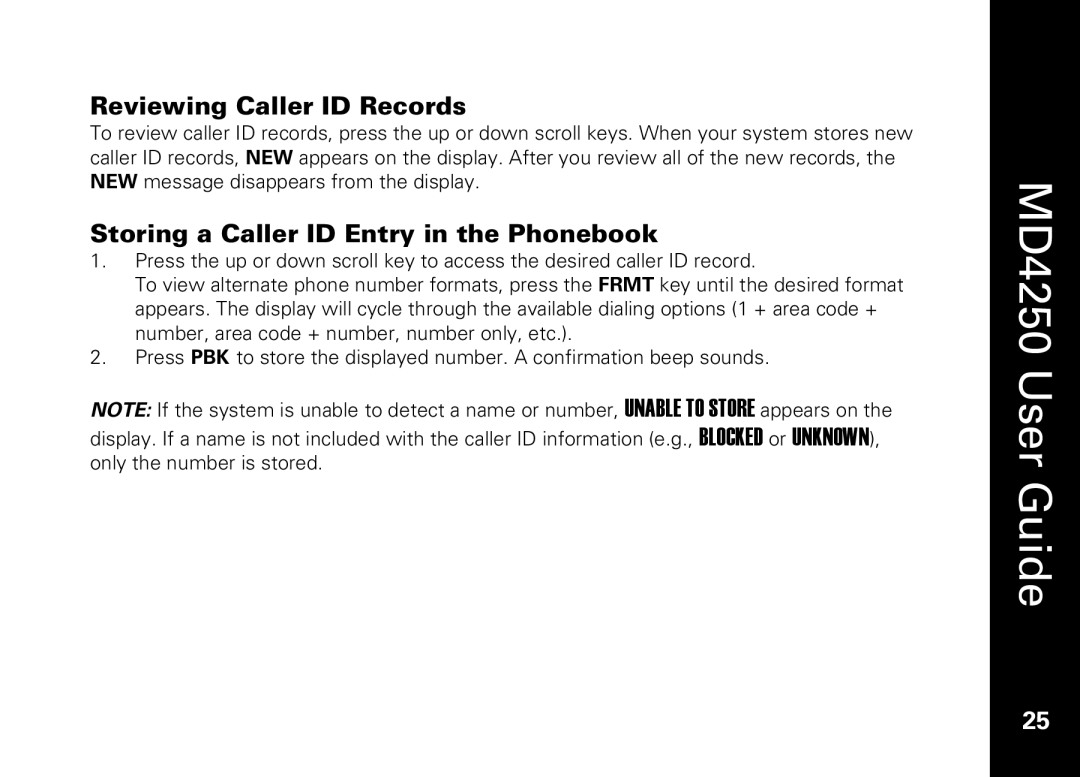 Motorola MD4250 manual Reviewing Caller ID Records, Storing a Caller ID Entry in the Phonebook 