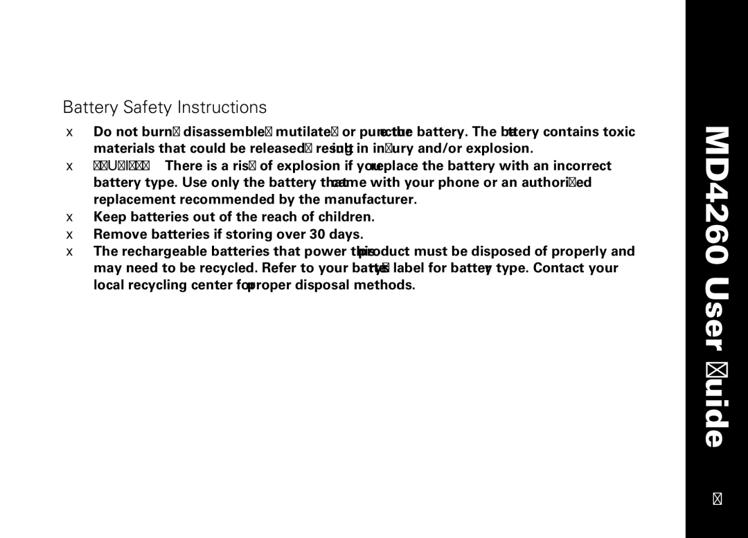 Motorola MD4260 manual Getting Started, Battery Safety Instructions 