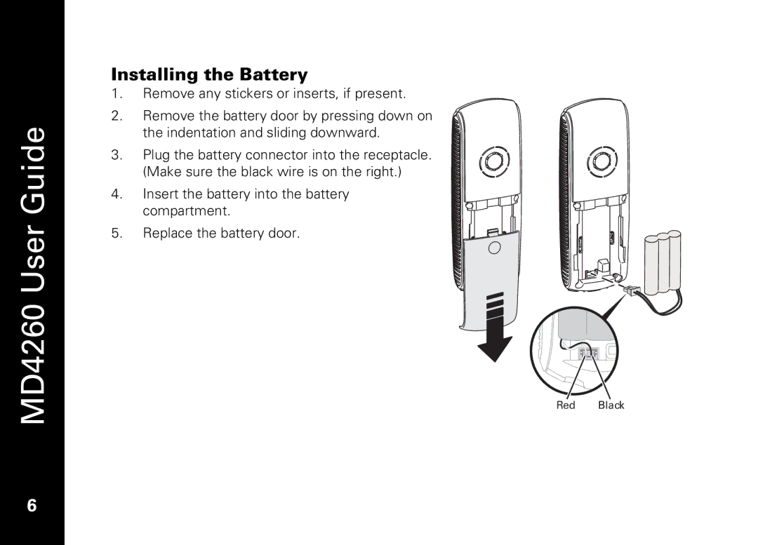 Motorola MD4260 manual Installing the Battery 