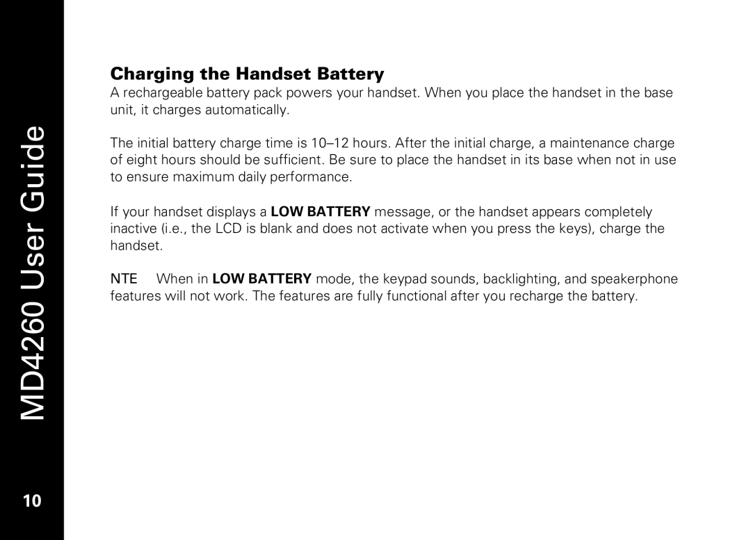 Motorola MD4260 manual Charging the Handset Battery 