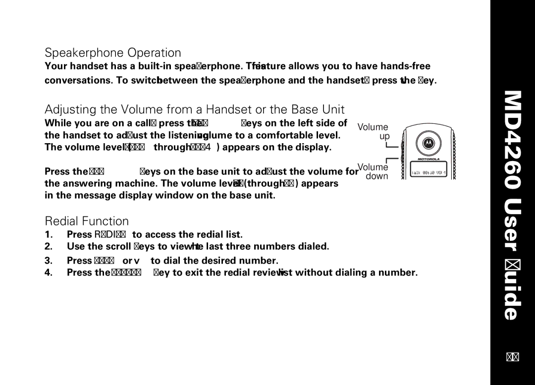 Motorola MD4260 manual Speakerphone Operation, Adjusting the Volume from a Handset or the Base Unit, Redial Function 