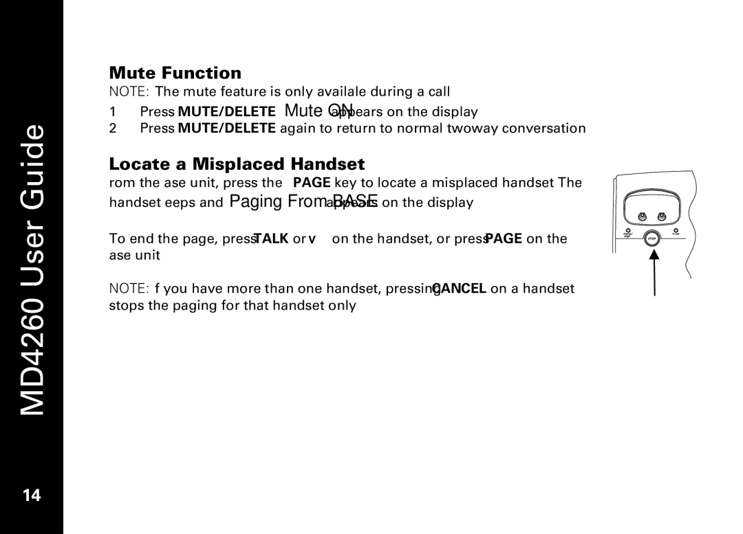 Motorola MD4260 manual Mute Function, Locate a Misplaced Handset 