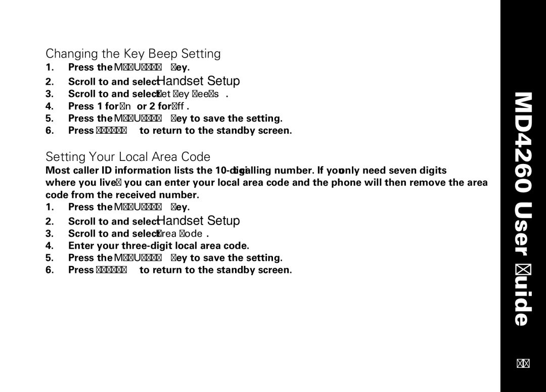 Motorola MD4260 manual Changing the Key Beep Setting, Setting Your Local Area Code 