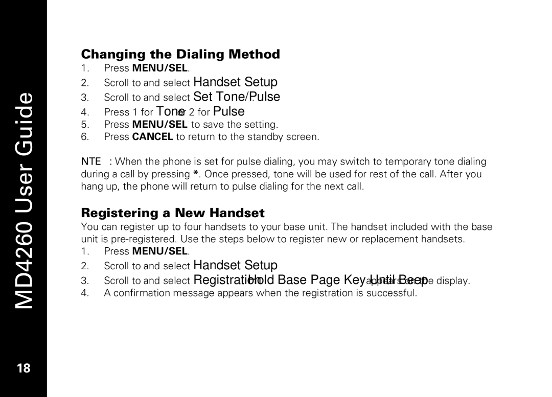 Motorola MD4260 manual Changing the Dialing Method, Registering a New Handset 