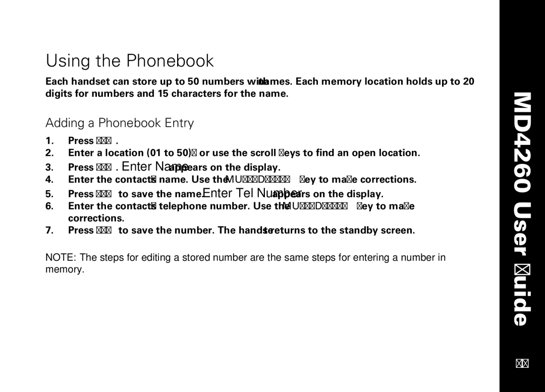 Motorola MD4260 manual Using the Phonebook 