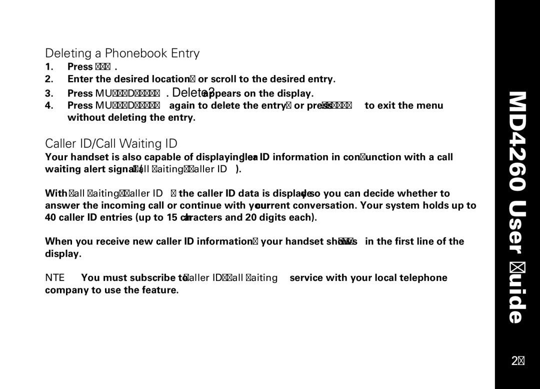 Motorola MD4260 manual Deleting a Phonebook Entry, Caller ID/Call Waiting ID 