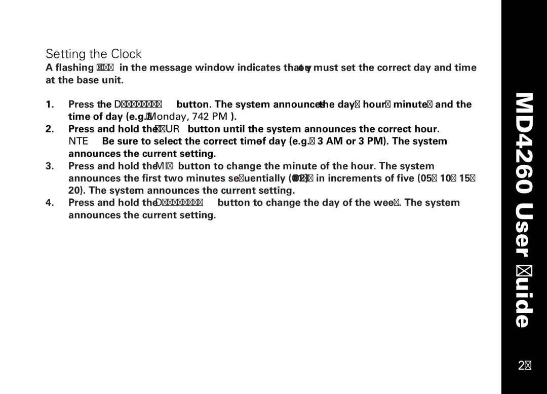 Motorola MD4260 manual Setting the Clock 