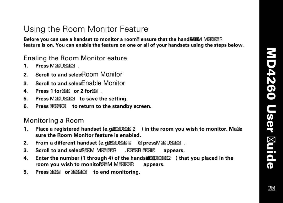 Motorola MD4260 manual Using the Room Monitor Feature, Enabling the Room Monitor Feature, Monitoring a Room 