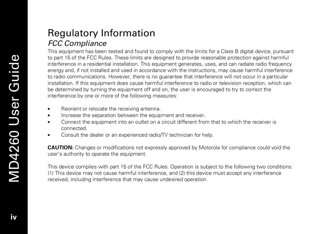 Motorola MD4260 manual Regulatory Information 