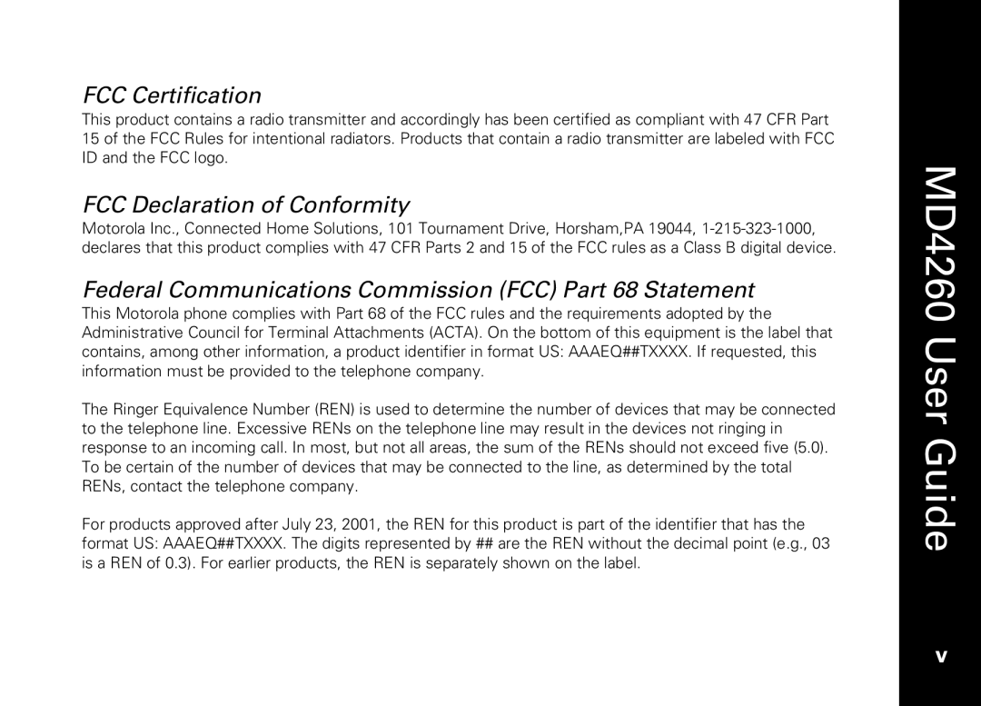 Motorola MD4260 manual FCC Certification 