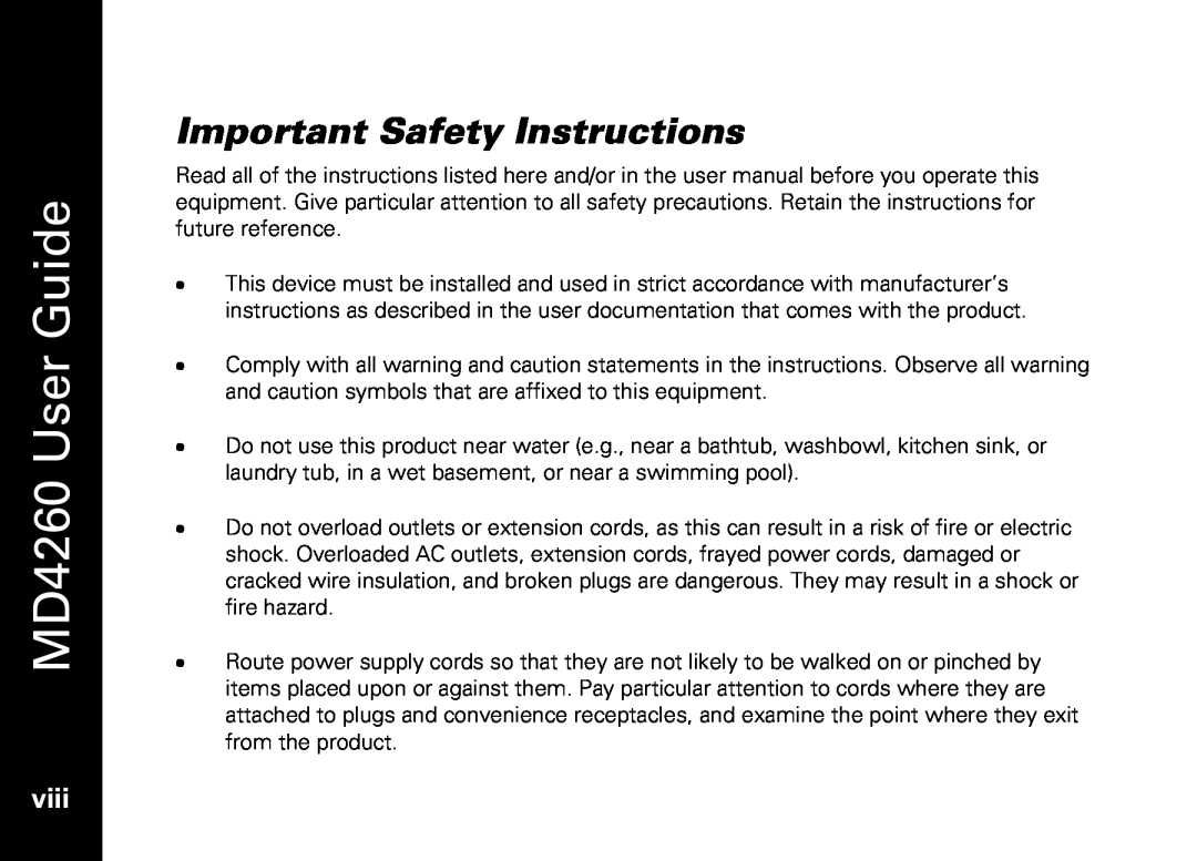 Motorola manual Important Safety Instructions, viii, MD4260 User Guide 