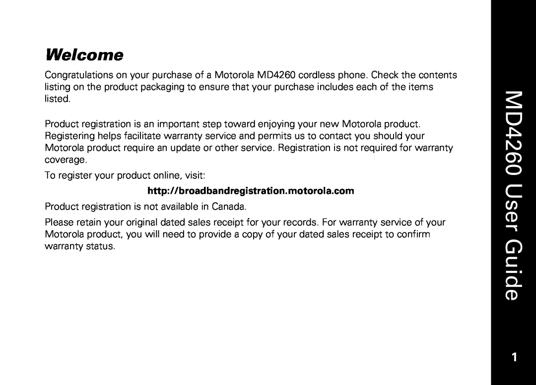 Motorola manual Welcome, http//broadbandregistration.motorola.com, MD4260 User Guide 