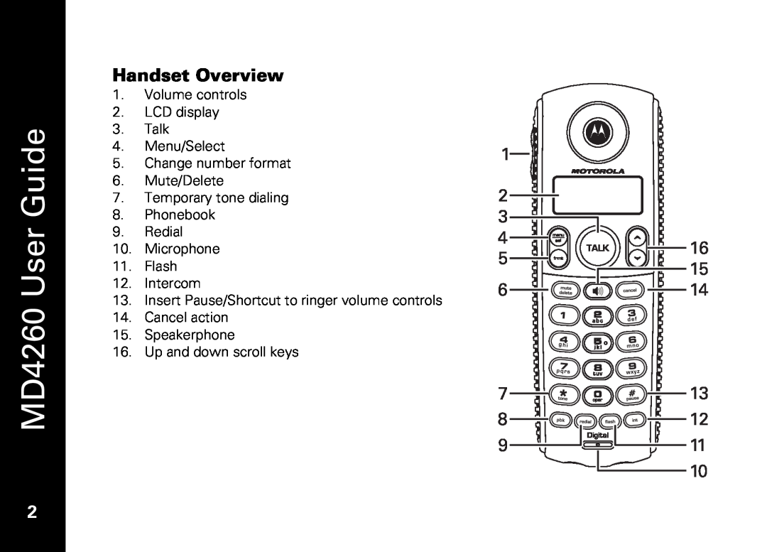 Motorola manual Handset Overview, MD4260 User Guide, Volume controls 2. LCD display 3. Talk 4. Menu/Select 