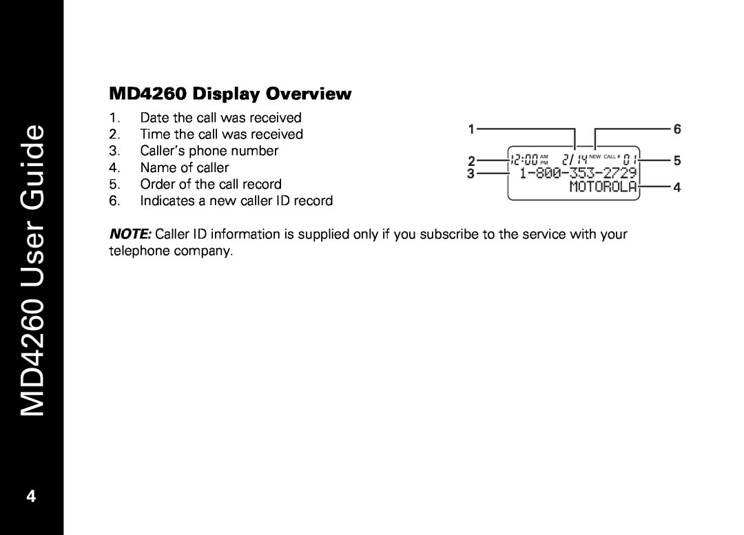 Motorola manual MD4260 Display Overview, MD4260 User Guide, Date the call was received 2. Time the call was received 