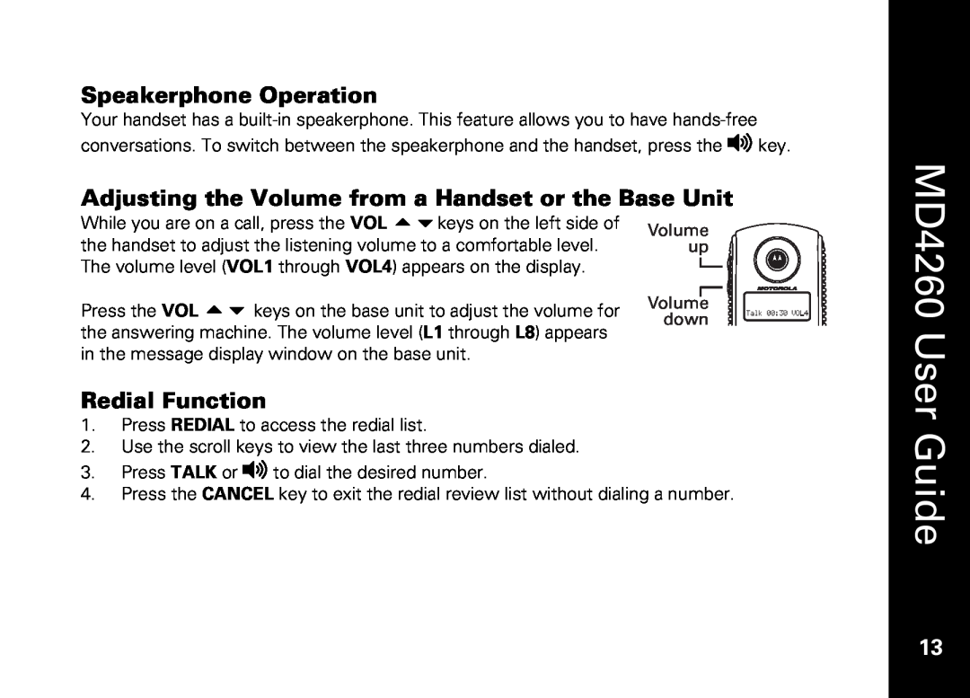 Motorola MD4260 manual Guide, Speakerphone Operation, Adjusting the Volume from a Handset or the Base Unit, Redial Function 