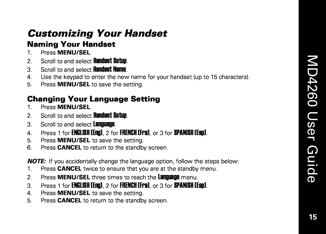 Motorola MD4260 manual Customizing Your Handset, Naming Your Handset, Changing Your Language Setting, Press MENU/SEL 