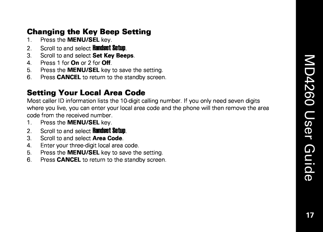 Motorola manual Changing the Key Beep Setting, Setting Your Local Area Code, MD4260 User Guide 