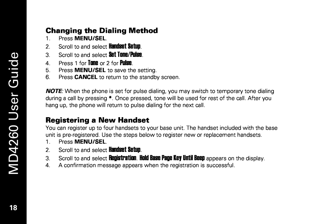 Motorola manual Changing the Dialing Method, Registering a New Handset, MD4260 User Guide, Press MENU/SEL 