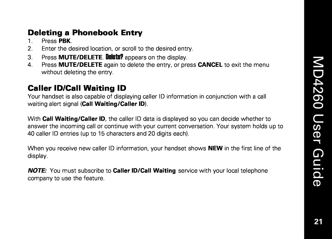 Motorola manual Deleting a Phonebook Entry, Caller ID/Call Waiting ID, MD4260 User Guide 