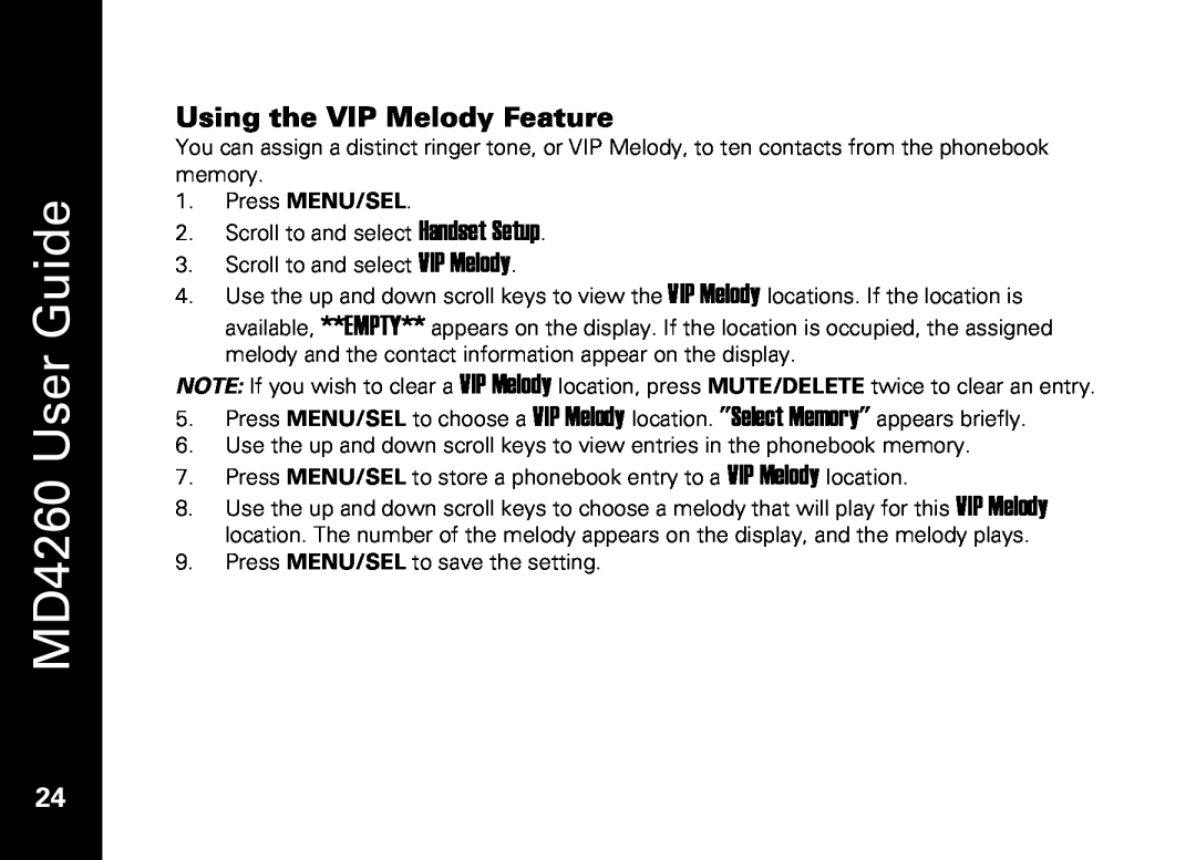 Motorola manual Using the VIP Melody Feature, MD4260 User Guide, Press MENU/SEL 