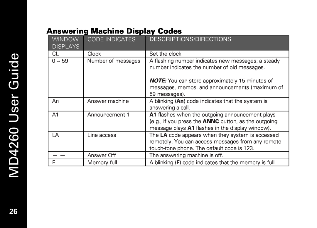 Motorola Answering Machine Display Codes, MD4260 User Guide, Window, Code Indicates, Descriptions/Directions, Displays 