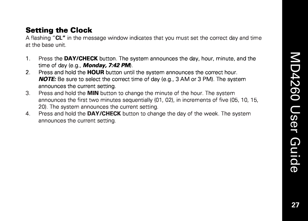Motorola manual Setting the Clock, MD4260 User Guide 
