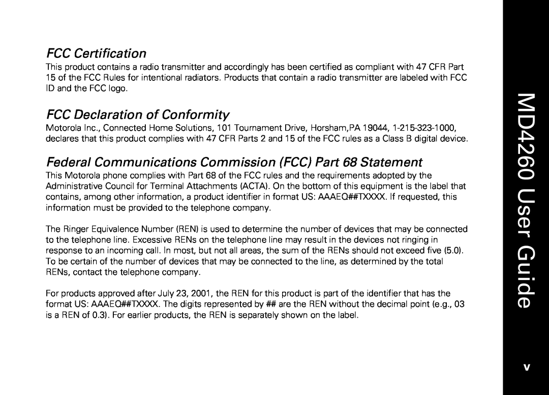 Motorola MD4260 FCC Certification, FCC Declaration of Conformity, Federal Communications Commission FCC Part 68 Statement 