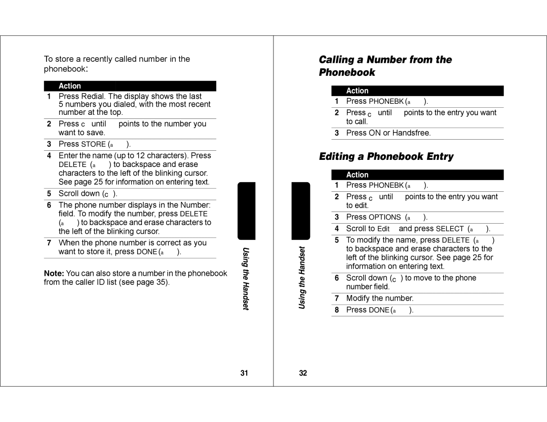 Motorola MD450 manual Calling a Number from Phonebook, Editing a Phonebook Entry, Handset 