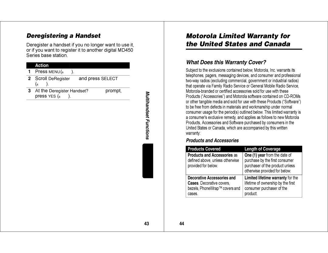 Motorola MD450 manual Deregistering a Handset, What Does this Warranty Cover?, Products and Accessories as 