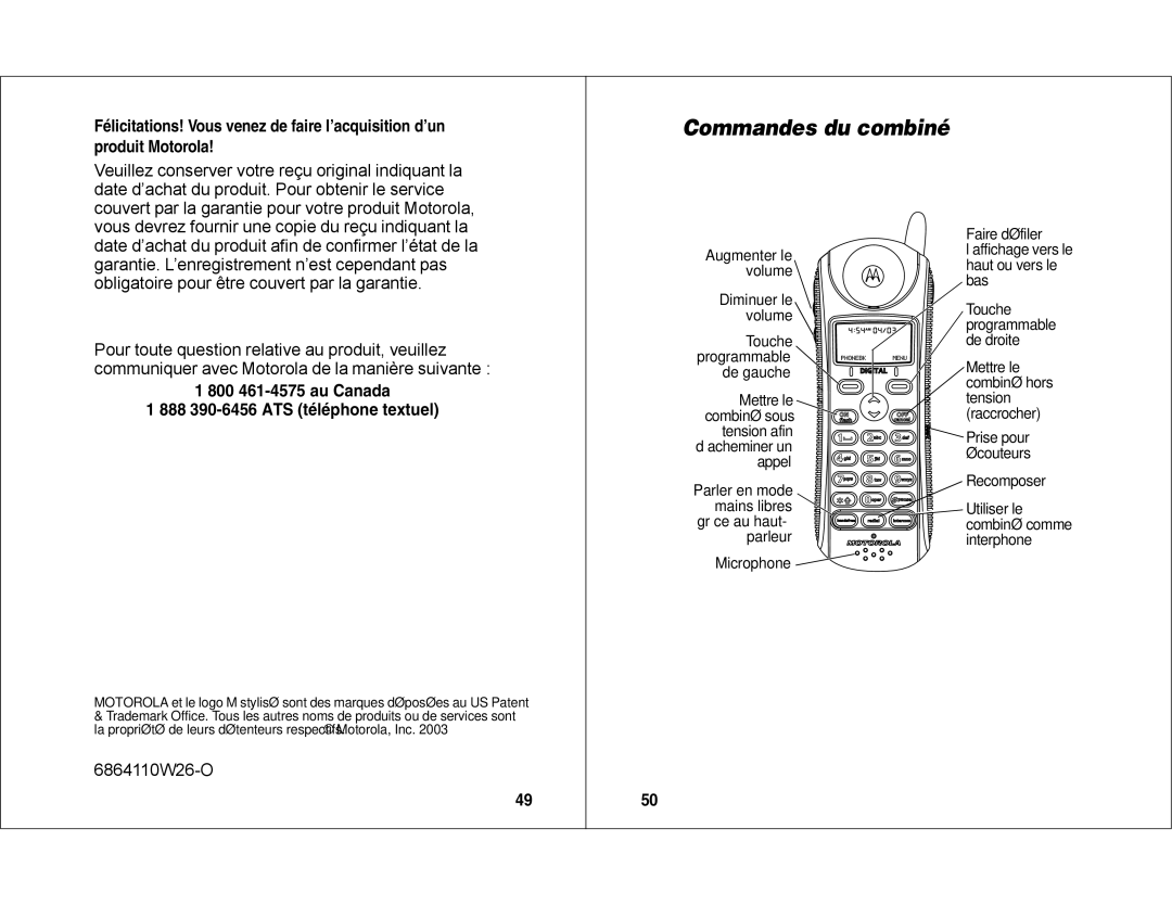 Motorola MD450 manual Commandes du combiné, 800 461-4575 au Canada 888 390-6456 ATS téléphone textuel 