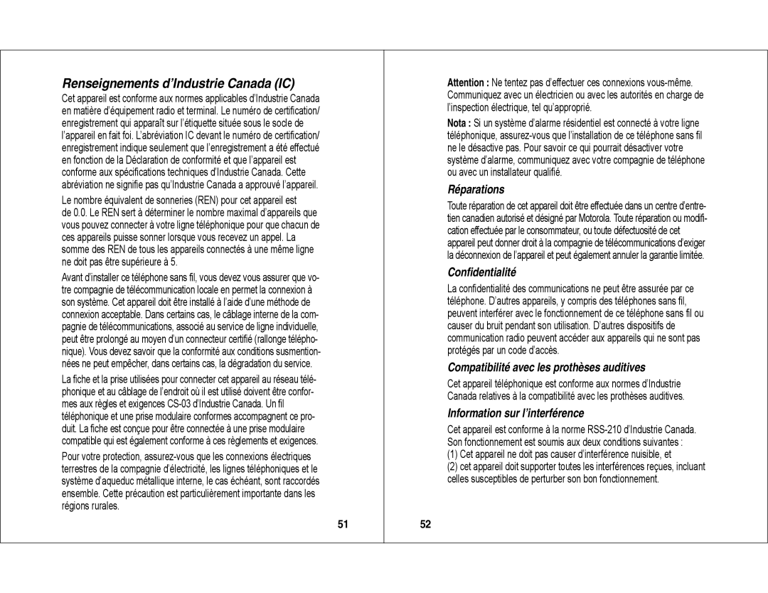 Motorola MD450 manual Renseignements d’Industrie Canada IC, Réparations 