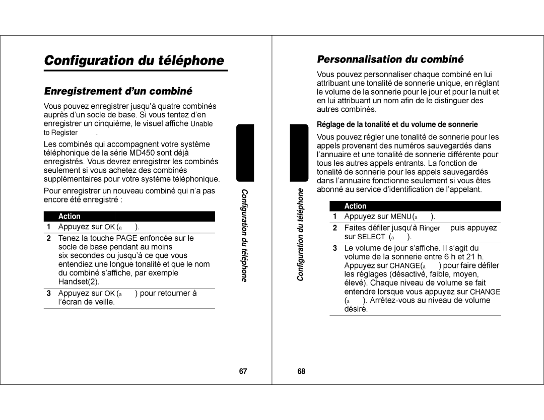 Motorola MD450 manual Configuration du téléphone, Enregistrement d’un combiné, Personnalisation du combiné 