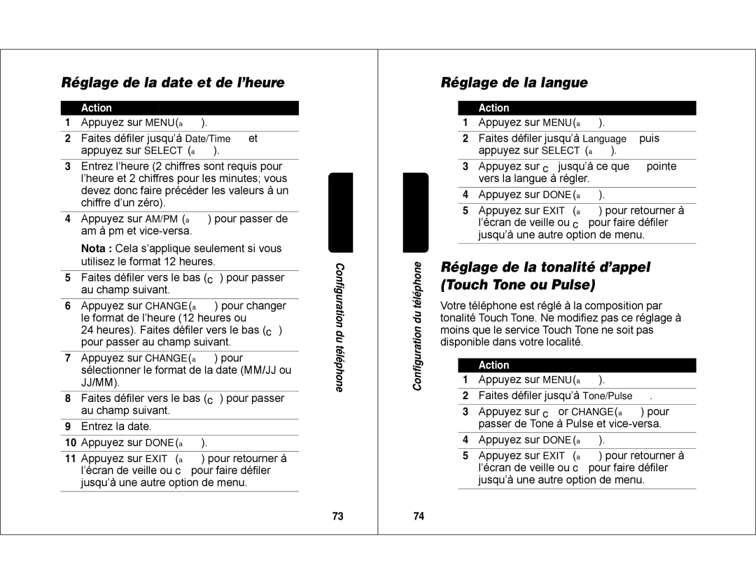 Motorola MD450 Réglage de la date et de l’heure, Réglage de la langue, Réglage de la tonalité d’appel Touch Tone ou Pulse 