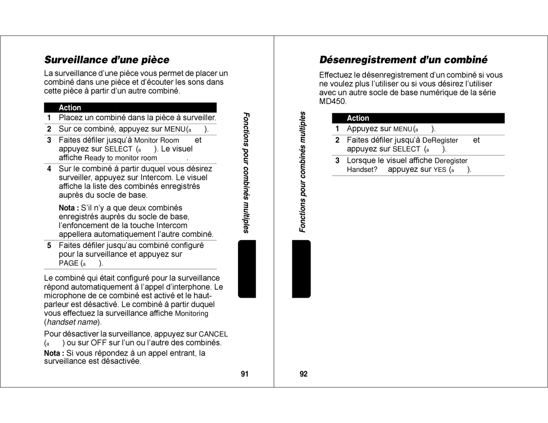 Motorola MD450 manual Surveillance d’une pièce, Désenregistrement d’un combiné 