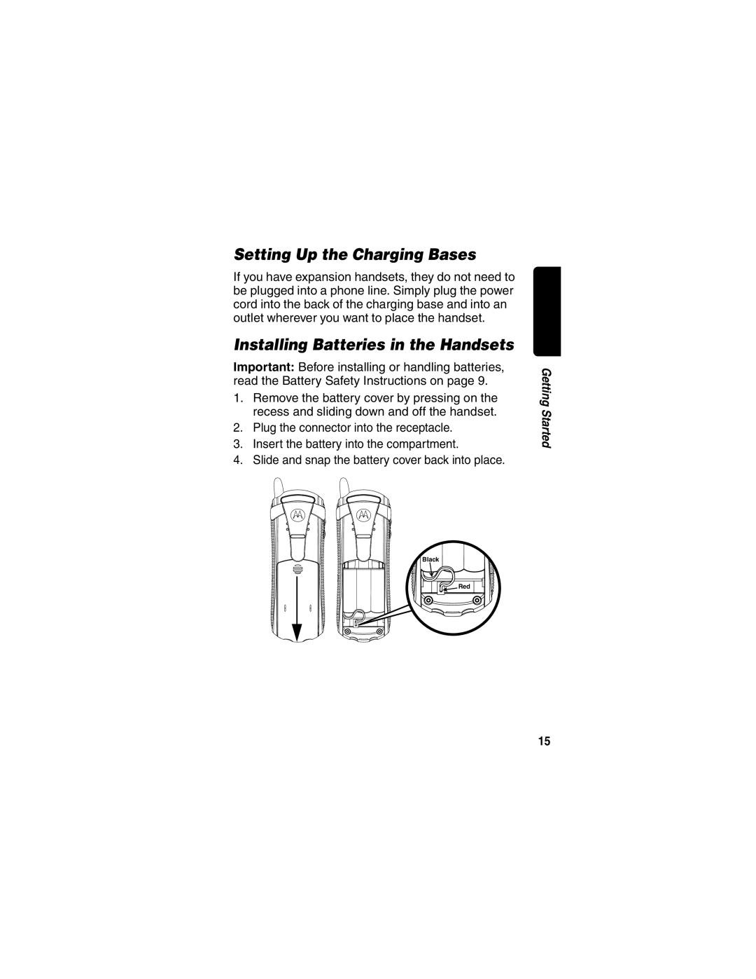 Motorola MD470 Series manual Setting Up the Charging Bases, Installing Batteries in the Handsets 