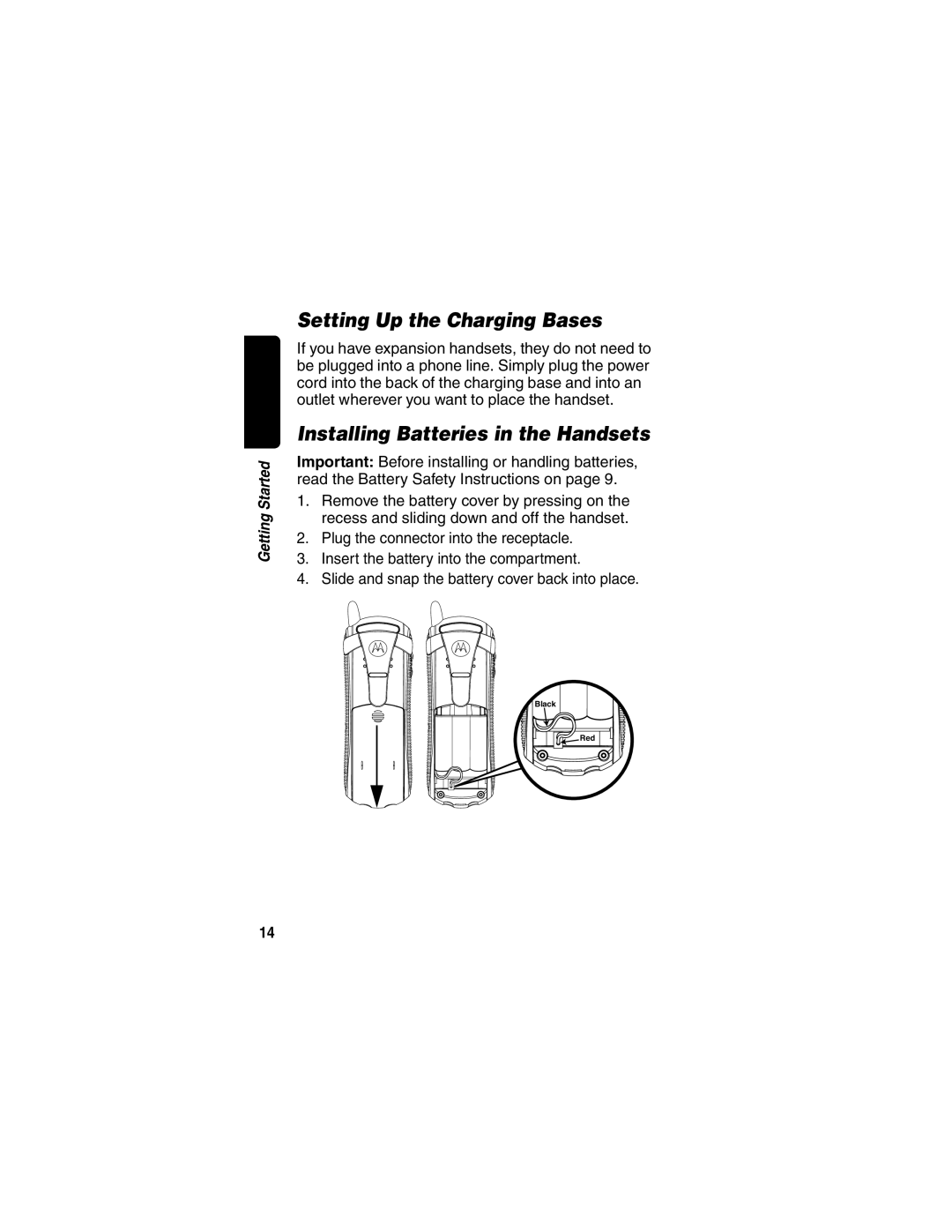 Motorola MD470 manual Setting Up the Charging Bases, Installing Batteries in the Handsets 